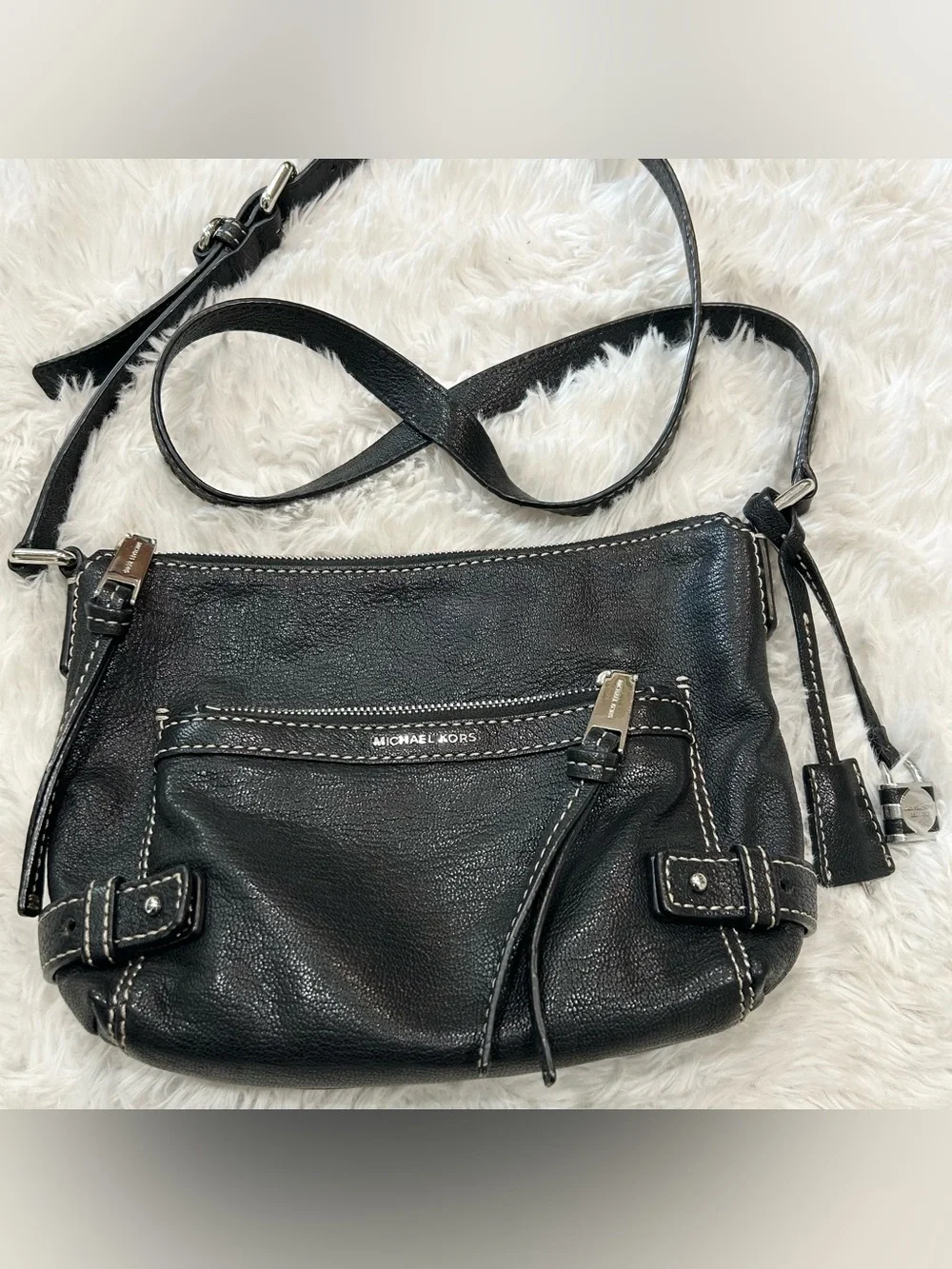 Michael Kors Black Crossbody Bag Purse Silver Hardware Zip Closure 10”x7” VGC